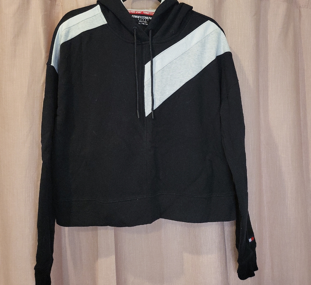 Tommy Hilfiger Black Hoodie with Light Gray Chevron Accents